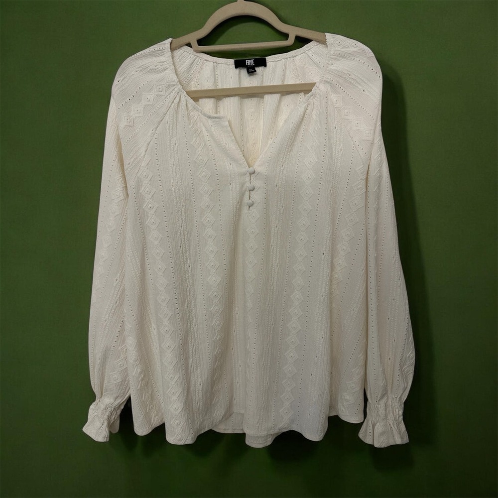 Frye Womens XL Cream Eyelet Embroidered Long Sleeve Peasant Blouse Boho Top